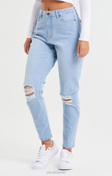 Frauen SikSilk Hellblaue Mom-Jeans aus Denim mit Knierissen Bekleidung J0NL189