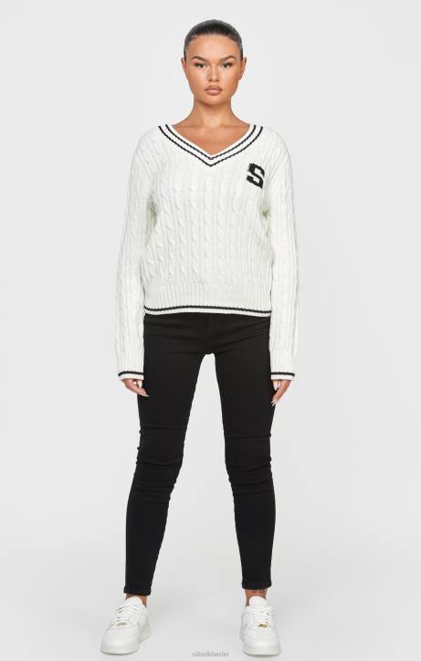 Frauen SikSilk Ecrufarbener College-Pullover mit Zopfmuster Bekleidung J0NL79