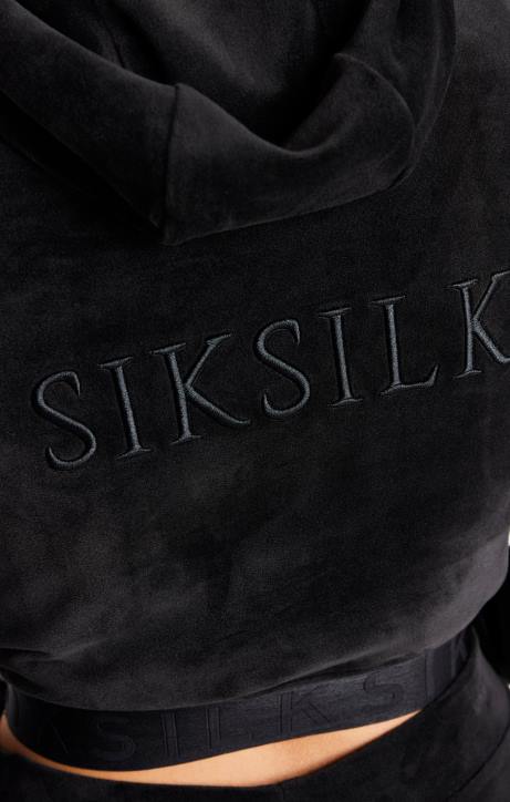 Frauen SikSilk Kurzer Kapuzenpullover aus schwarzem Velours Bekleidung J0NL94