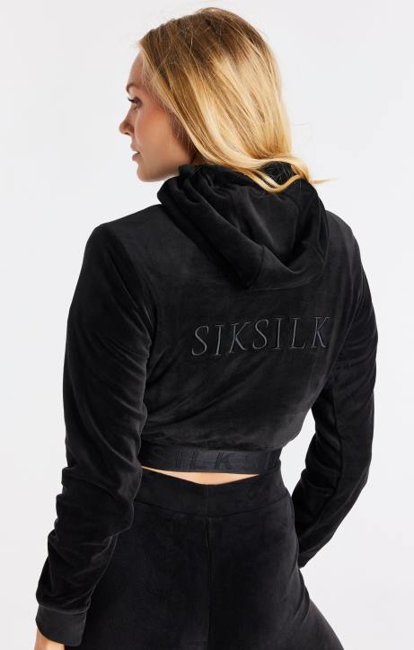 Frauen SikSilk Kurzer Kapuzenpullover aus schwarzem Velours Bekleidung J0NL94