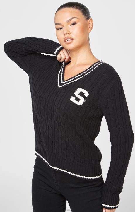Frauen SikSilk Schwarzer College-Pullover mit Zopfmuster Bekleidung J0NL105