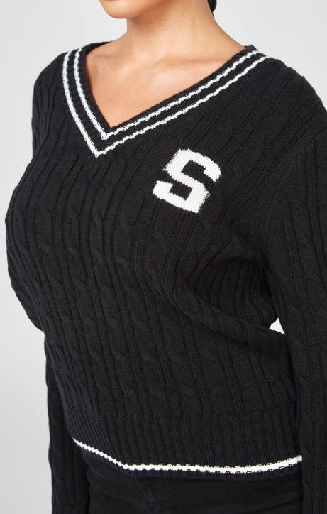 Frauen SikSilk Schwarzer College-Pullover mit Zopfmuster Bekleidung J0NL105