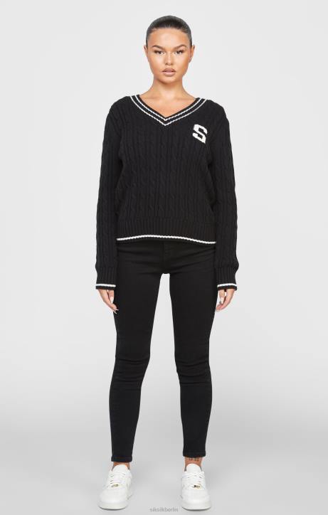 Frauen SikSilk Schwarzer College-Pullover mit Zopfmuster Bekleidung J0NL105