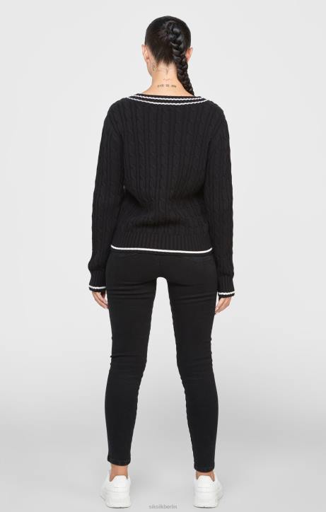 Frauen SikSilk Schwarzer College-Pullover mit Zopfmuster Bekleidung J0NL105