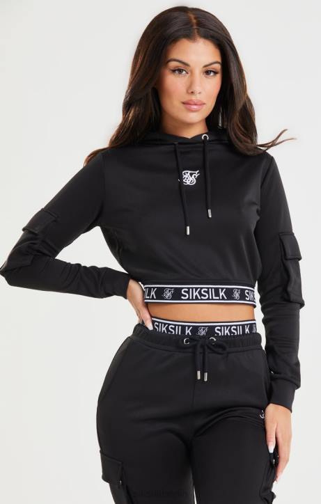 Frauen SikSilk Schwarzer, verkürzter Cargo-Hoodie Bekleidung J0NL116
