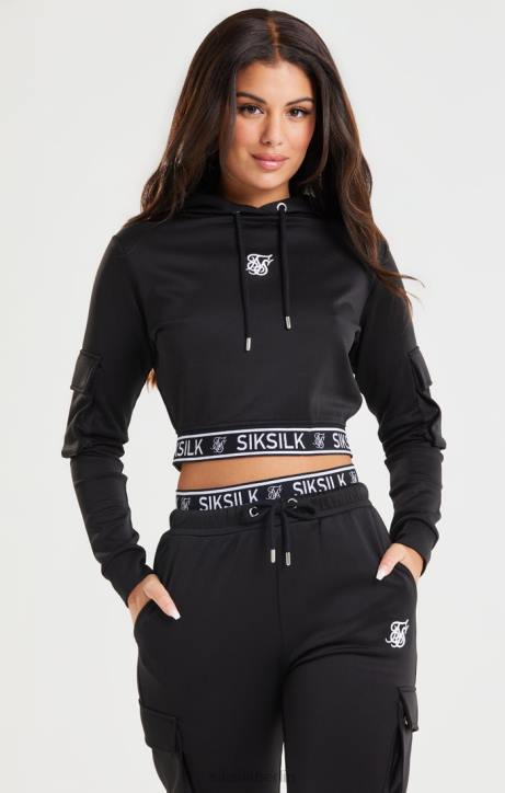Frauen SikSilk Schwarzer, verkürzter Cargo-Hoodie Bekleidung J0NL116