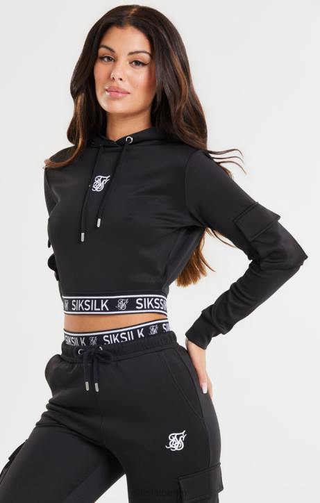Frauen SikSilk Schwarzer, verkürzter Cargo-Hoodie Bekleidung J0NL116