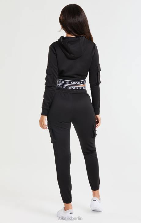 Frauen SikSilk Schwarzer, verkürzter Cargo-Hoodie Bekleidung J0NL116
