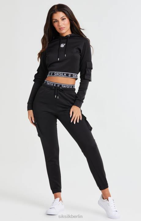 Frauen SikSilk Schwarzer, verkürzter Cargo-Hoodie Bekleidung J0NL116