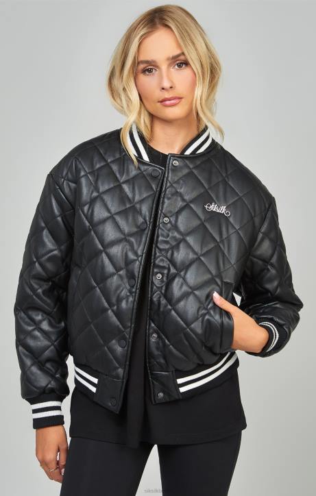 Frauen SikSilk Schwarze, gesteppte College-Jacke aus PU Bekleidung J0NL135