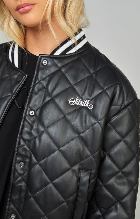Frauen SikSilk Schwarze, gesteppte College-Jacke aus PU Bekleidung J0NL135