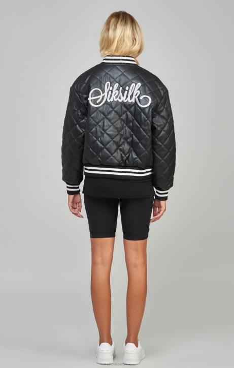 Frauen SikSilk Schwarze, gesteppte College-Jacke aus PU Bekleidung J0NL135