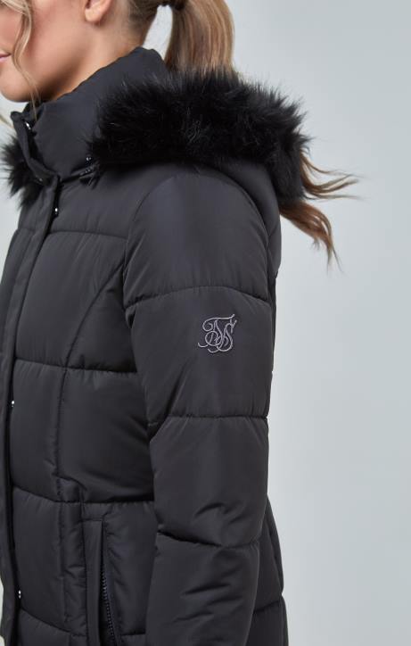 Frauen SikSilk Schwarzer, lang geschnittener, wattierter Parka Bekleidung J0NL129