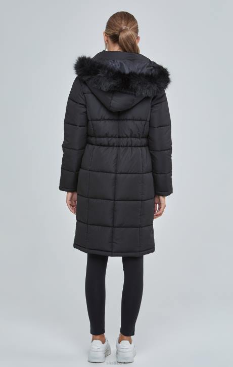 Frauen SikSilk Schwarzer, lang geschnittener, wattierter Parka Bekleidung J0NL129