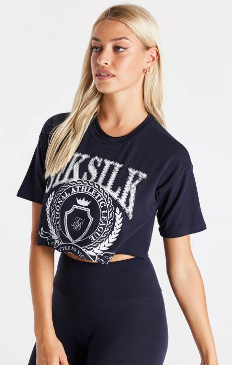 Frauen SikSilk Marineblaues, kurz geschnittenes College-T-Shirt Bekleidung J0NL51