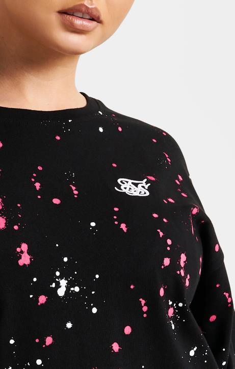 Frauen SikSilk Schwarzes, kurz geschnittenes T-Shirt mit Farbspritzern Bekleidung J0NL67