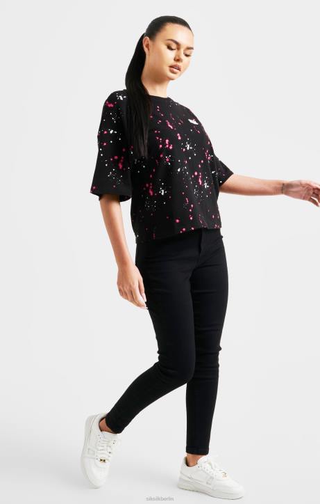 Frauen SikSilk Schwarzes, kurz geschnittenes T-Shirt mit Farbspritzern Bekleidung J0NL67