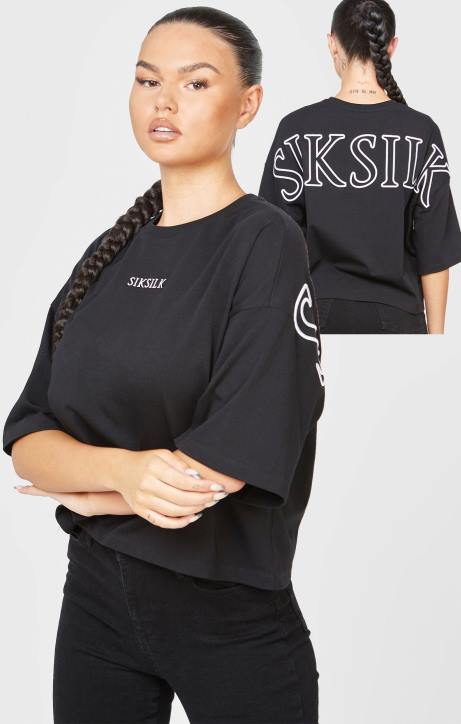 Frauen SikSilk Schwarzes, kurzes T-Shirt mit Logo Bekleidung J0NL43