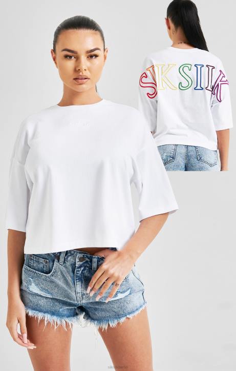 Frauen SikSilk Weißes, kurz geschnittenes Regenbogen-T-Shirt mit Logo Bekleidung J0NL47