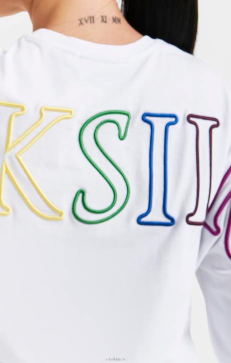 Frauen SikSilk Weißes, kurz geschnittenes Regenbogen-T-Shirt mit Logo Bekleidung J0NL47
