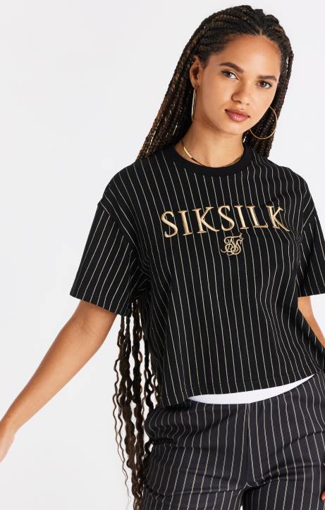 Frauen SikSilk schwarzes Nadelstreifen-T-Shirt Bekleidung J0NL66