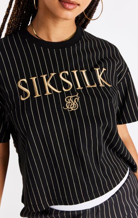 Frauen SikSilk schwarzes Nadelstreifen-T-Shirt Bekleidung J0NL66