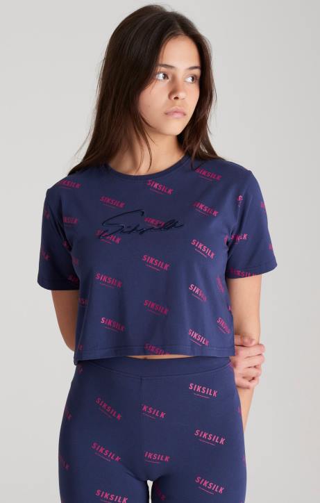 Mädchen SikSilk Marineblaues, kurzes T-Shirt mit Signatur Bekleidung J0NL324