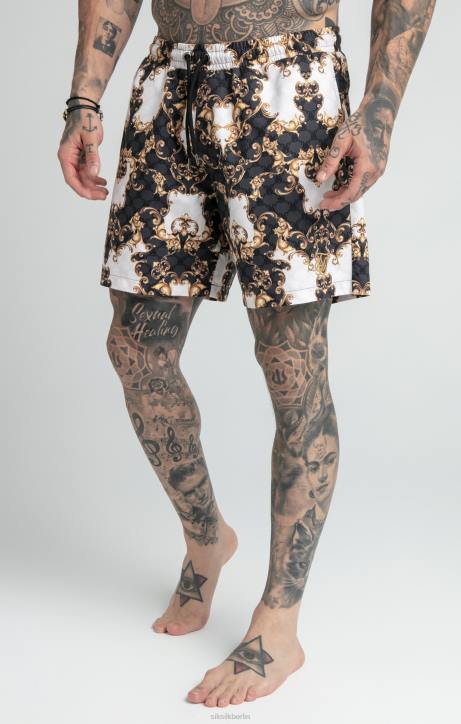 Männer SikSilk Schwarz-weiße venezianische Badeshorts Bekleidung J0NL615