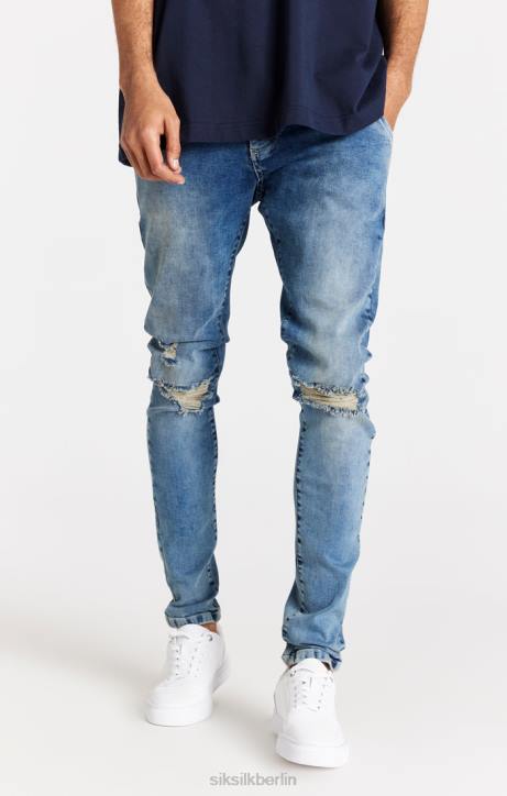 Männer SikSilk Hellblaue Distressed-Slim-Fit-Jeans Bekleidung J0NL558