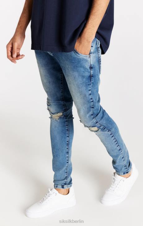 Männer SikSilk Hellblaue Distressed-Slim-Fit-Jeans Bekleidung J0NL558