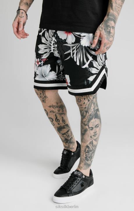 Männer SikSilk Basketball-Shorts mit Blumenmuster – Schwarz Bekleidung J0NL591