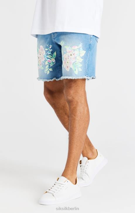 Männer SikSilk Jeansshorts mit rohem Blumenmuster – helles Mittelsteinblau Bekleidung J0NL601