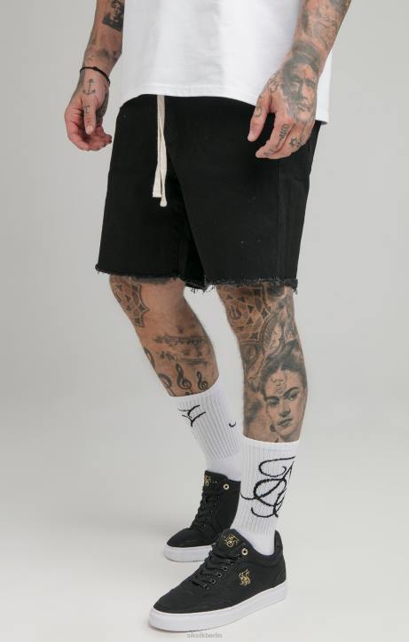 Männer SikSilk Schwarze, entspannte Denim-Shorts mit ungesäumtem Saum Bekleidung J0NL582