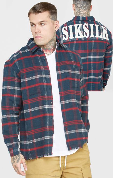 Männer SikSilk Marineblaues Frottee-Langarm-Karohemd mit Logo Bekleidung J0NL466
