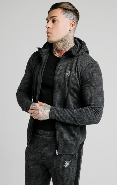 Männer SikSilk Agility-Kapuzenpullover mit farblich abgestimmtem Karomuster und durchgehendem Reißverschluss – Grau Bekleidung J0NL451