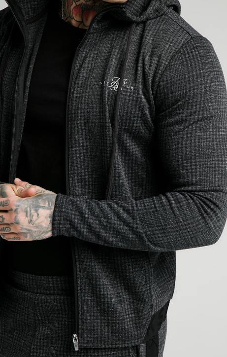 Männer SikSilk Agility-Kapuzenpullover mit farblich abgestimmtem Karomuster und durchgehendem Reißverschluss – Grau Bekleidung J0NL451