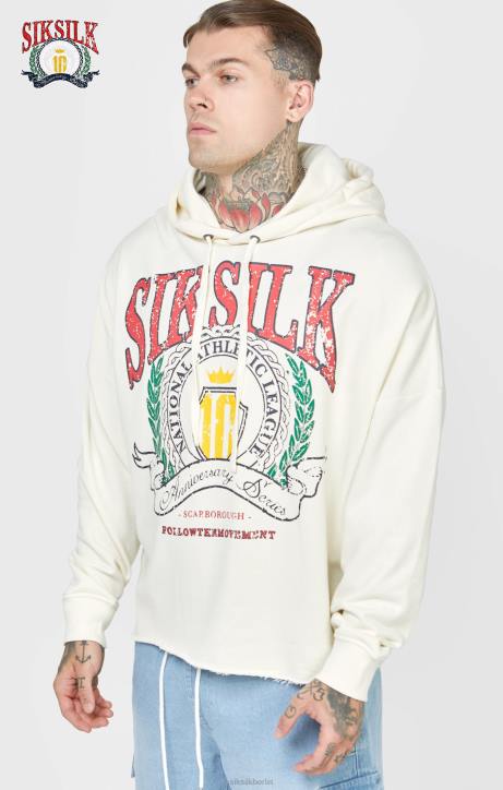 Männer SikSilk Ecrufarbener, übergroßer Kapuzenpullover mit Uni-Jubiläumsdruck Bekleidung J0NL419