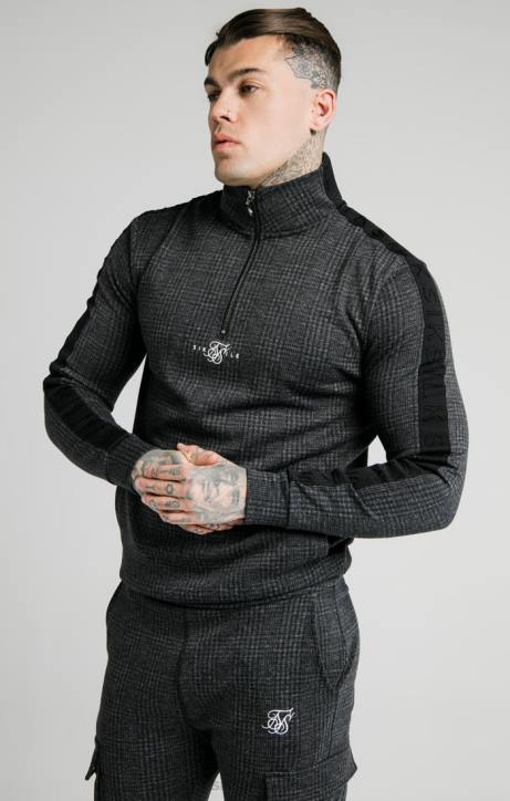 Männer SikSilk Kapuzenpullover mit farblich abgestimmtem Karomuster und Viertelreißverschluss – Grau Bekleidung J0NL450
