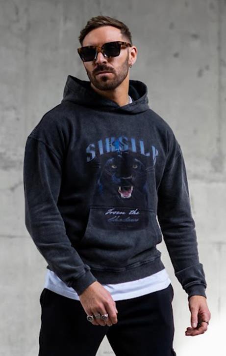 Männer SikSilk Schwarzer, grafischer, schmal geschnittener Kapuzenpullover Bekleidung J0NL440