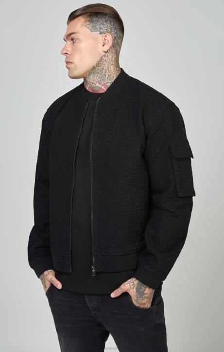 Männer SikSilk Schwarze Denim-Bomberjacke mit sich wiederholendem Logo Bekleidung J0NL491