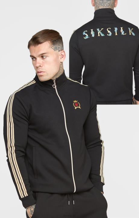 Männer SikSilk Schwarze Trainingsjacke mit Trichterkragen und Wappen Bekleidung J0NL476