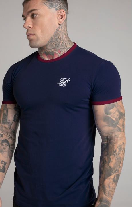 Männer SikSilk Marineblaues, kurzärmliges Ringer-T-Shirt Bekleidung J0NL366