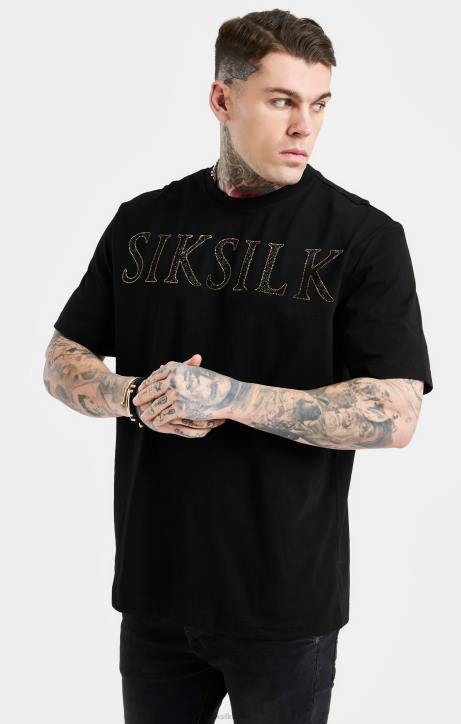 Männer SikSilk Schwarzes, übergroßes T-Shirt mit Strass-Logo Bekleidung J0NL383
