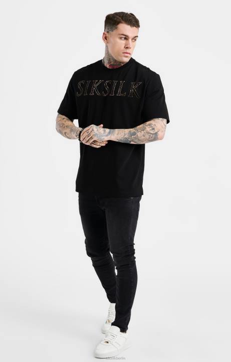 Männer SikSilk Schwarzes, übergroßes T-Shirt mit Strass-Logo Bekleidung J0NL383
