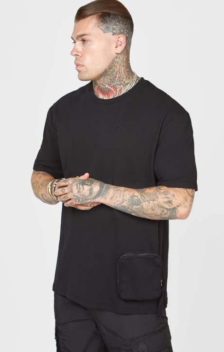 Männer SikSilk Schwarzes, übergroßes T-Shirt mit Taschen Bekleidung J0NL399