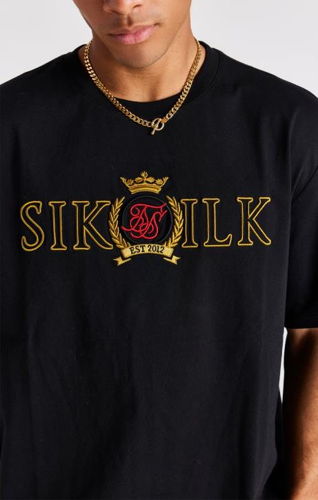 Männer SikSilk Schwarzes, übergroßes T-Shirt mit Wappen Bekleidung J0NL373